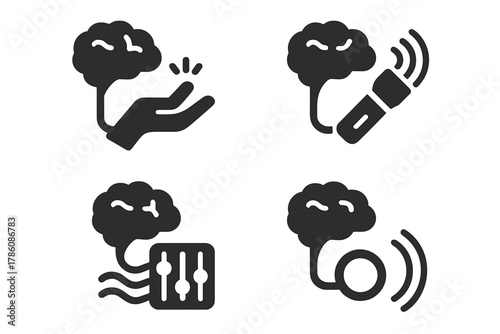 Brain-Control Icons. Solid style icons of mental gesture control: brain-controlled hand icon, thought-action line, motion signal