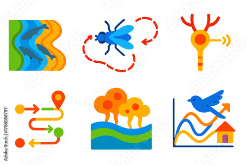 Olfactory Navigation Maps. Isometric vector illustration set Olfactory maps: fish following river scent gradients, insect odor