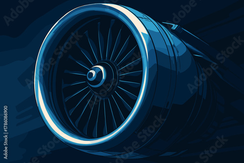 Jet Engine Close-up. Dynamic close-up of a jet vector illustration engine turbine illuminated by soft blue light, bold and