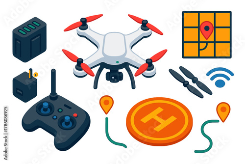 Vibrant Travel Gear Icons. Isometric vector illustration set Travel gear – drone quadcopter, controller, spare propellers; battery