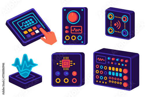 Futuristic Synth Gear. Isometric vector illustration set Future Synth Design: touchscreen modular panel, digital-analog hybrid