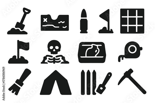 Battlefield Excavation Icons. Solid style icons of battlefield excavation: shovel in soil, marked trench, unearthed bullet,