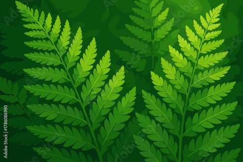 Lush Green Ferns. Macro vector illustration shot of lush green ferns glowing under diffused natural light, fresh and vibrant tones