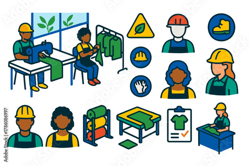 Ethical Sewing Factory. Isometric vector illustration set Sustainable fashion – ethical sewing factory, worker avatars, sewing