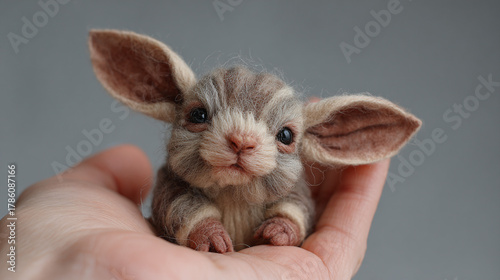 A cute, miniature creature resting on an open palm, its big ears and endearing gaze captivating the viewer