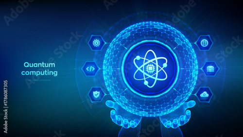 Quantum computing technology concept. Quantum qubit intelligent computing. Data analytics. AI. Artificial intelligence. Deep learning. Hexagonal grid sphere in wireframe hands. Vector illustration.