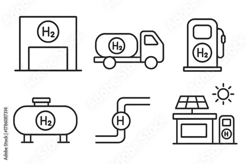Hydrogen Fuel Infrastructure Icons. Line style icons of hydrogen fueling infrastructure: H2 station building, mobile hydrogen tank