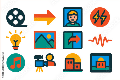 Storytelling Icon Set. Flat vector icons of storytelling elements in documentary: film reel, timeline arrow, character portrait,