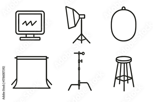 Photography Studio Icons. Line style icons of photography studio setup: lightbox unit, softbox with stand, reflector panel,