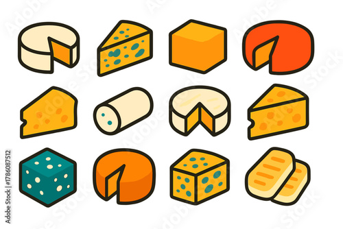 Cheese Icon Collection. Flat vector icons of Cheese Types: brie wheel, blue cheese wedge, cheddar block, gouda round, parmesan