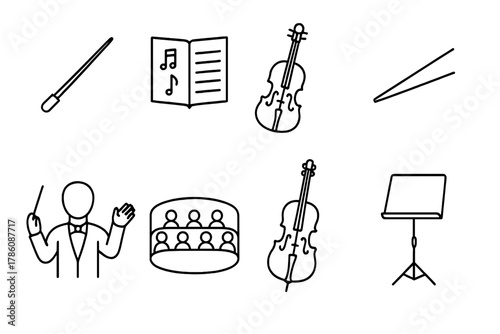 Symphony Icon Elements. Line style icons of Symphony: Baton, Music Score, Violin, Crescendo, Conductor, Orchestra Pit, Cello,