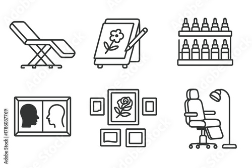 Studio Line Icons. Line style icons of studio environment for cover-up art: clean tattoo bench, lightboard and sketchpad, ink