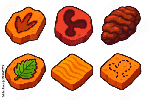 Trace Fossil Icons. Isometric vector illustration set Trace Fossils: dinosaur footprint, burrow tunnel, coprolite sample, leaf