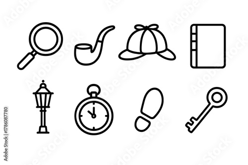 Sleuth Kit Icons. Line style icons of Sleuth Kit: Magnifying Glass, Pipe, Deerstalker Hat, Notebook, Lamp Post, Pocket Watch,