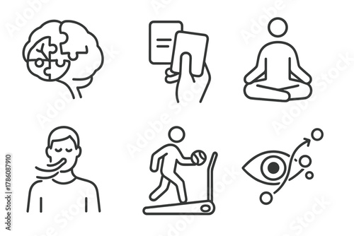 Neuroplasticity Training Icons. Line style icons of neuroplasticity training activities: brain puzzle solving, memory card game,