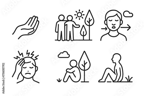Psychological First Aid Icons. Line style icons of psychological first aid outdoors: calming hand gesture, group reassurance,