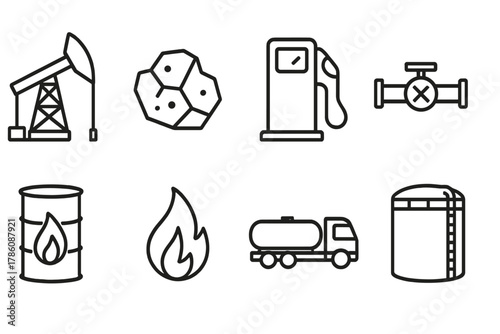 Fossil Fuel Icons. Line style icons of Fossil Fuels: Oil Derrick, Coal, Gas Pump, Pipeline, Barrel, Flame, Tanker Truck, Storage