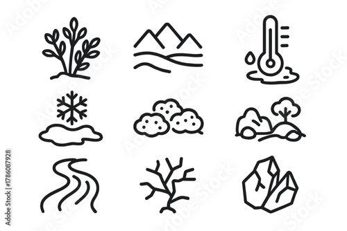 Environmental Change Icons. Line style icons of Environmental Change: Shrub Expansion, Tundra, Melting Permafrost, Shifting