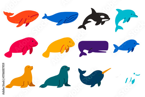 Colorful Marine Mammal Icons. Flat vector icons of marine mammals: humpback whale, blue whale, orca, dolphin, manatee, dugong,