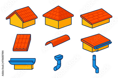 Vibrant Roof Designs. Isometric vector illustration set Roofing – gabled roof, hip roof, shed roof; roof tile, ridge cap, eave