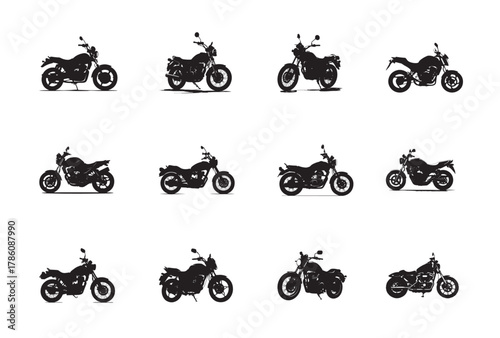 Collection of Twelve Motorcycle Silhouettes in Black and White, Different Styles