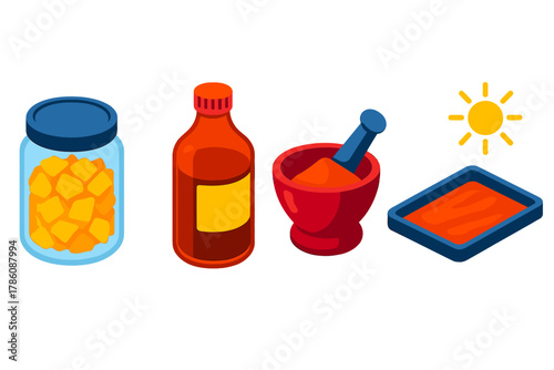 Varnish Ingredients Icons. Isometric vector illustration set Varnish Formulation Ingredients: Resin flakes in jar, linseed oil