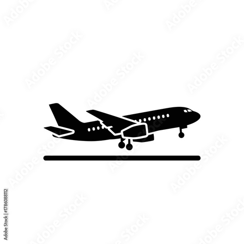 A black silhouette of an airplane taking off from a runway.