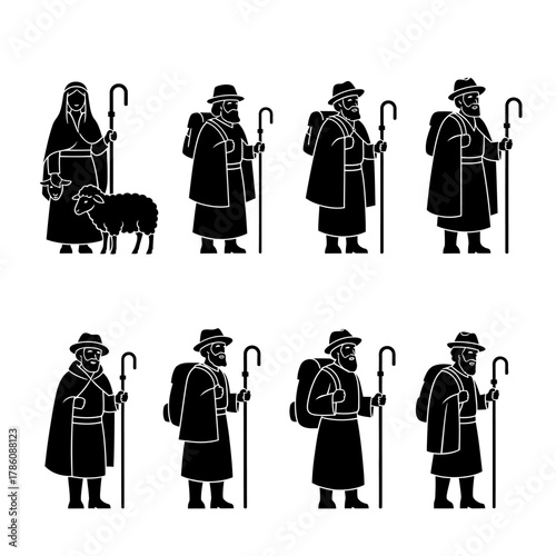 A shepherd and several figures carrying staffs and backpacks stand in a line.