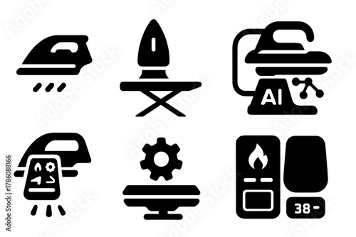 Futuristic Ironing Icons. Isometric vector illustration set Puzzle pieces – transparent acrylic piece, glossy finish, beveled tab;
