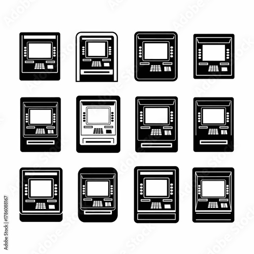 A grid of twelve black and white ATM machine icons is displayed in rows.