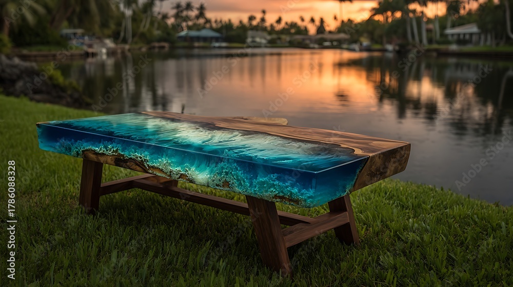 Fototapeta premium Artistic Resin River Table on Wooden Stand in Scenic Outdoor Setting at Sunset