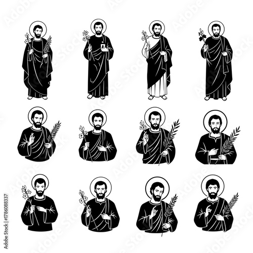 A collection of twelve black and white illustrations of Saint Jude in various poses.