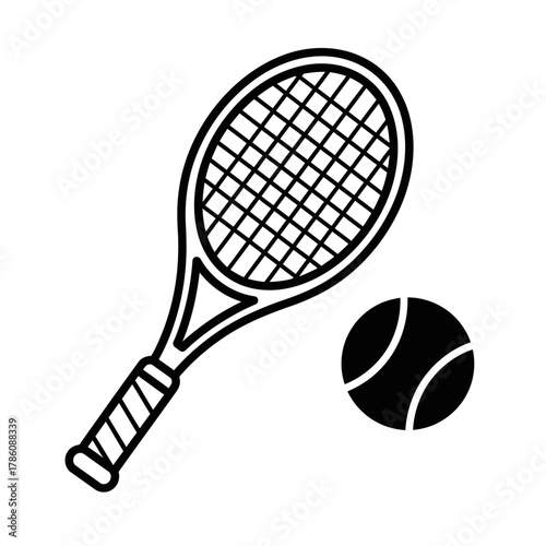 A tennis racket and ball are depicted in a simple black and white illustration.