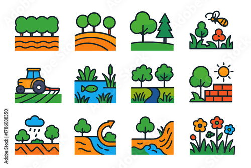 Regenerative Landscape Icons. Flat vector icons of Regenerative Landscape: windbreak hedge, contour orchard, forest edge, keyline