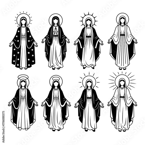 Eight depictions of the Virgin Mary with halos and rays of light.