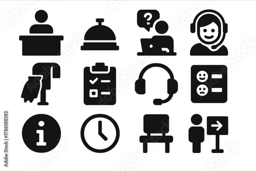 Customer Service Icons. Solid style icons of customer service and queue handling: reception desk, service bell, help desk, smiling