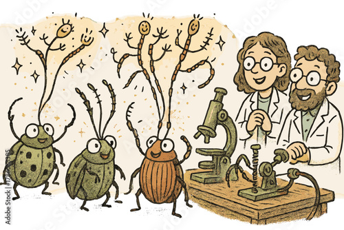 Cheerful Antenna Experiment. Magical doodle antenna biomechanics workshop with cheerful beetles, cartoon sensory hairs dancing,