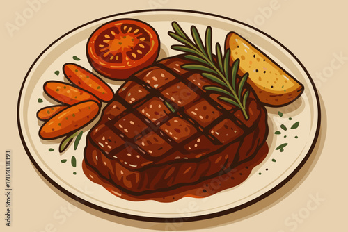 Gourmet Steak Presentation. Gourmet plate of juicy grilled steak garnished vector illustration with fresh rosemary and roasted