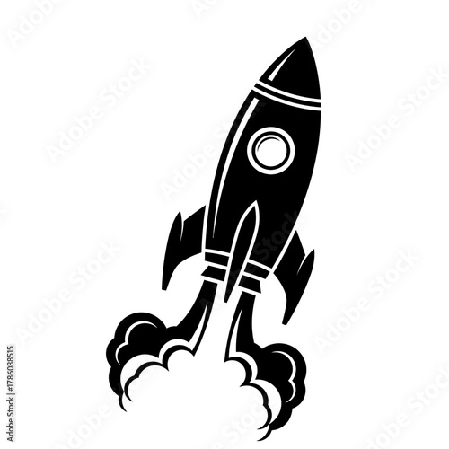 A stylized black silhouette of a rocket ship launching upwards with smoke.
