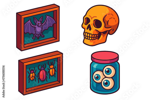 Curiosity Cabinet Treasures. Isometric vector illustration set Curiosity Cabinet Collection: Taxidermy bat, fossilized skull,