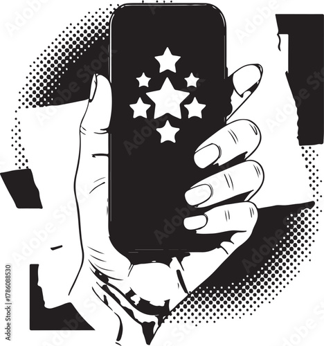 Hand holding smartphone with stars on screen representing rating or review for customer feedback or app reviews