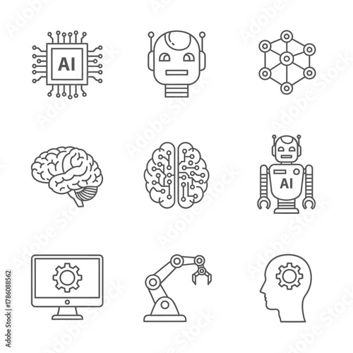 Collection of line art icons representing artificial intelligence concepts.