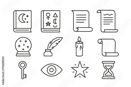 Mystical Icons Collection. Line style icons of Mystical Texts: Dream Analysis, Symbol Compendium, Old Scroll, Prophecy; Crystal