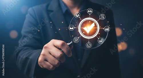 Businessman holding magnifying glass over digital checklist and workflow icons image