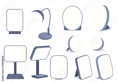 Collection of light therapy lamps for seasonal affective disorder in modern flat style with various shapes and desk or tabletop designs