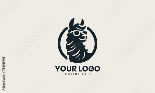 Cool llama wearing stylish sunglasses in a trendy and playful black vector logo design, conveying a fun and hip brand identity