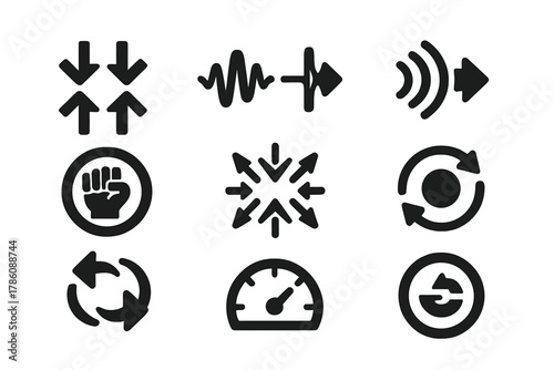 Compression Decompression Icons. Solid style icons of compression vs decompression cycles: expand-contract arrows, pulse shift