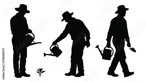 Gardener silhouettes with watering cans and trowel isolated on white background, Vector