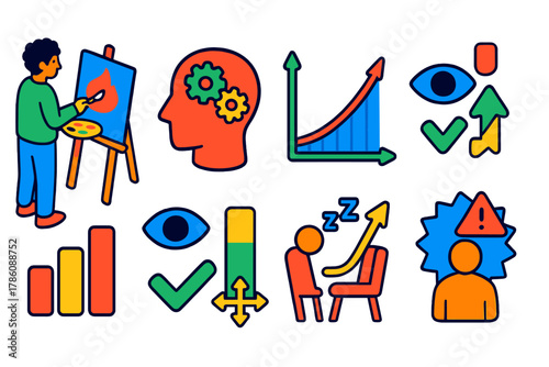 Optimal Challenge Psychology. Isometric vector illustration set Psychology of optimal challenge: painter immersed in work, flow