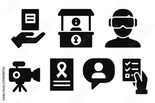 Public Awareness Icons. Solid style icons of public awareness campaign: flyer handout, info booth, VR tasting goggles. Documentary